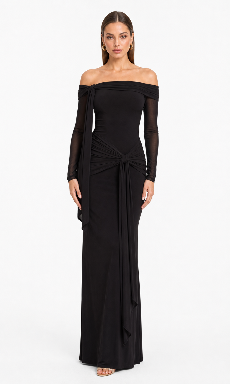 Vestido largo off-shoulder con amarre — Negro