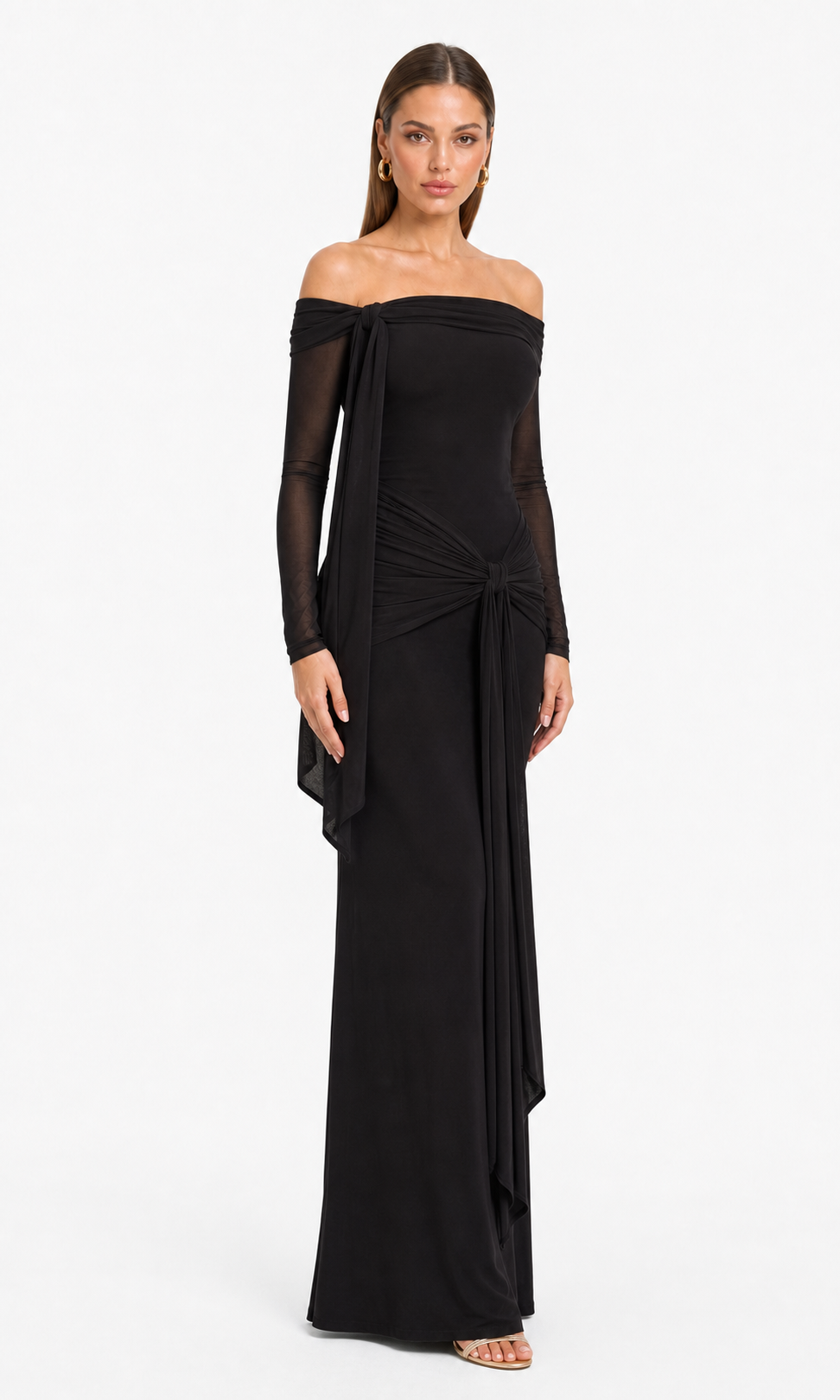 Vestido largo off-shoulder con amarre — Negro