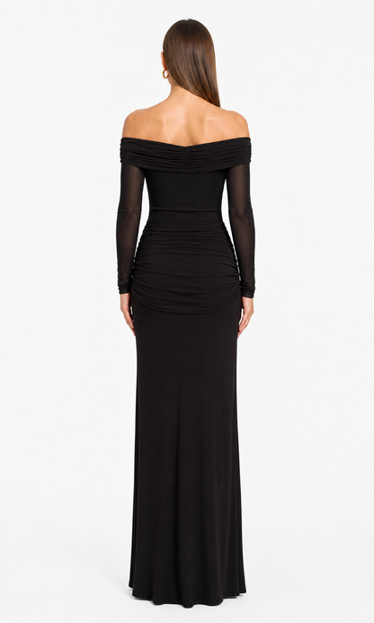 Vestido largo off-shoulder con amarre — Negro