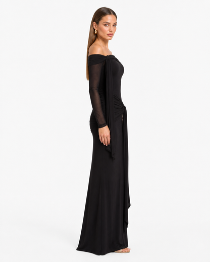 Vestido largo off-shoulder con amarre — Negro