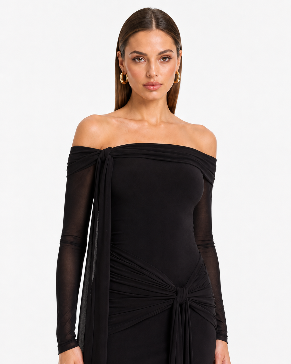 Vestido largo off-shoulder con amarre — Negro