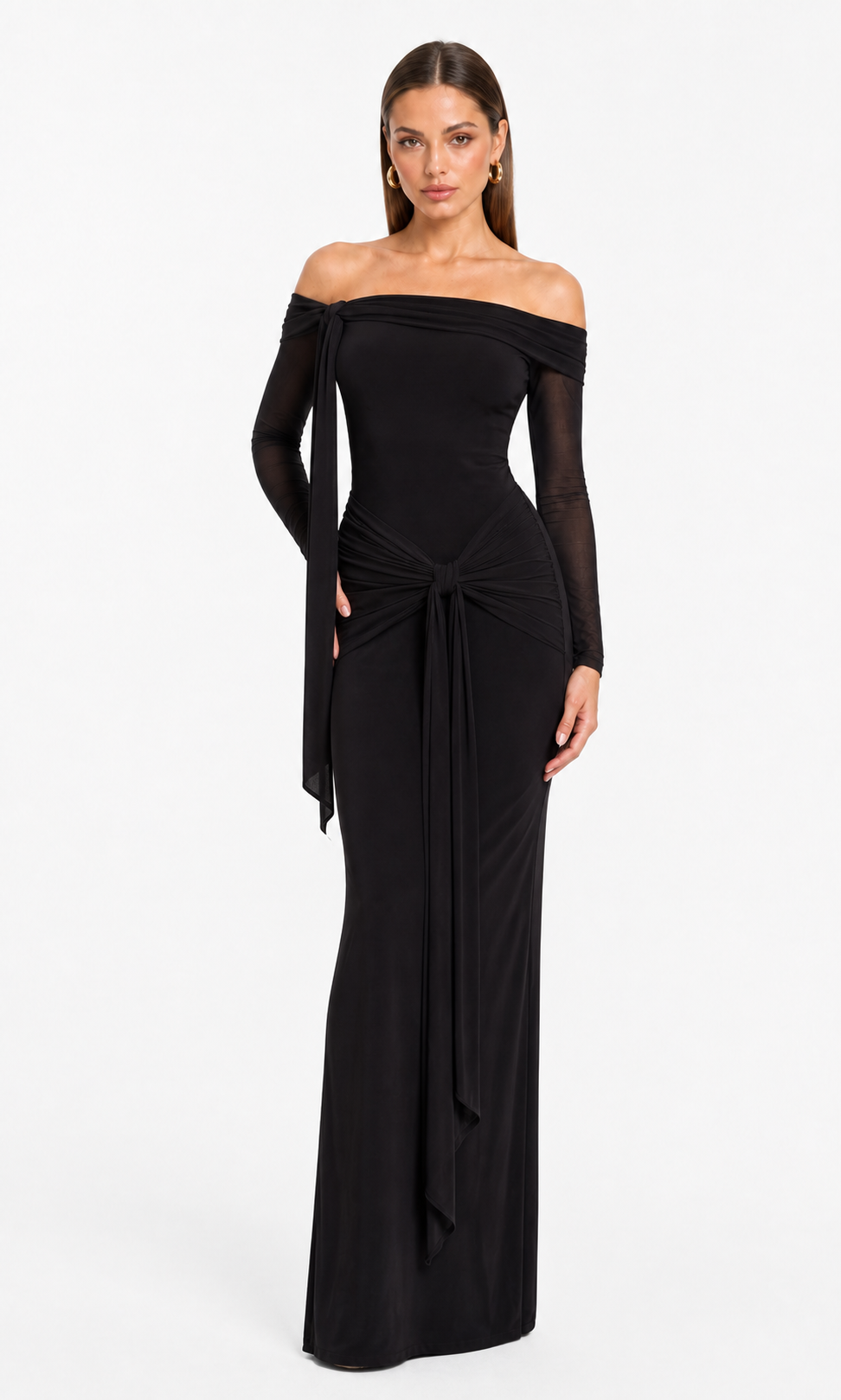 Vestido largo off-shoulder con amarre — Negro