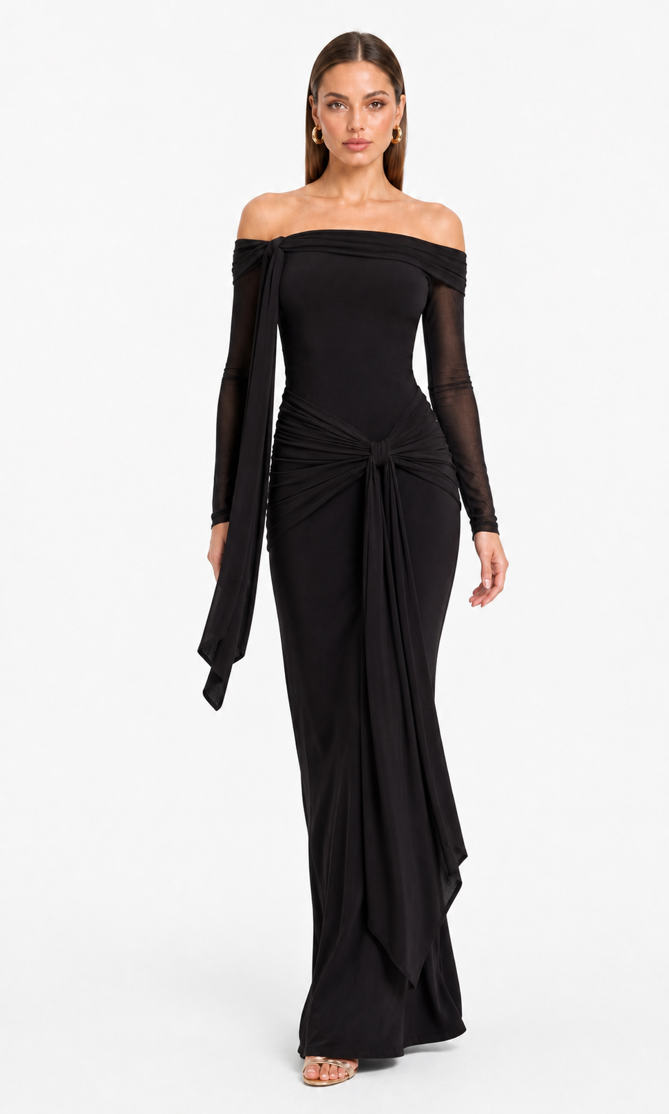 Vestido largo off-shoulder con amarre — Negro
