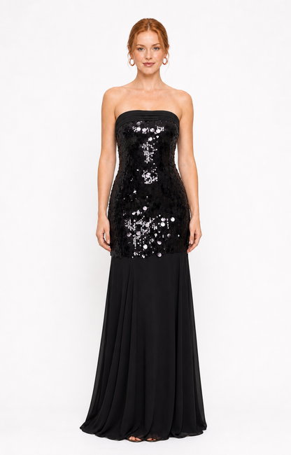 Vestido largo strapless de lentejuela sirena — Negro