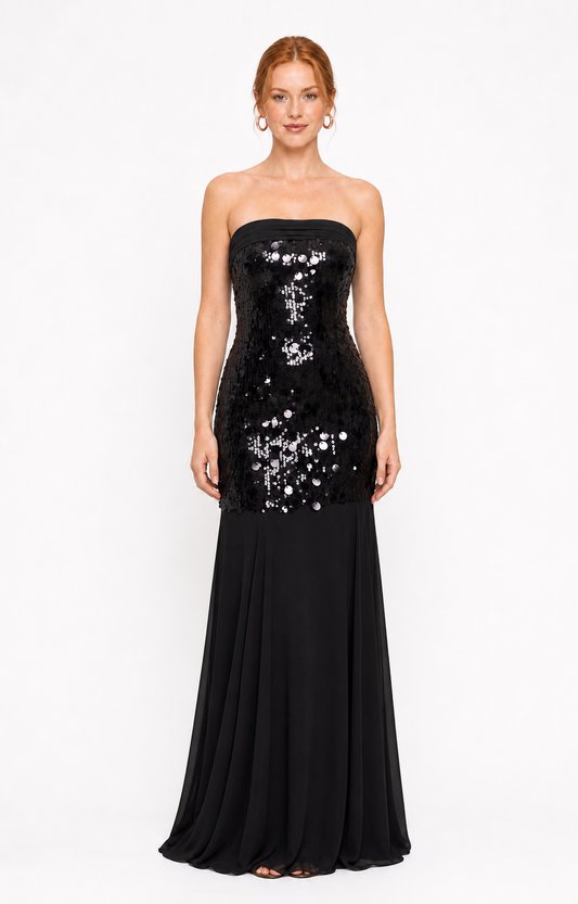 Vestido largo strapless de lentejuela sirena — Negro