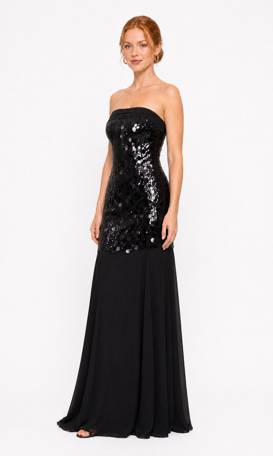 Vestido largo strapless de lentejuela sirena — Negro
