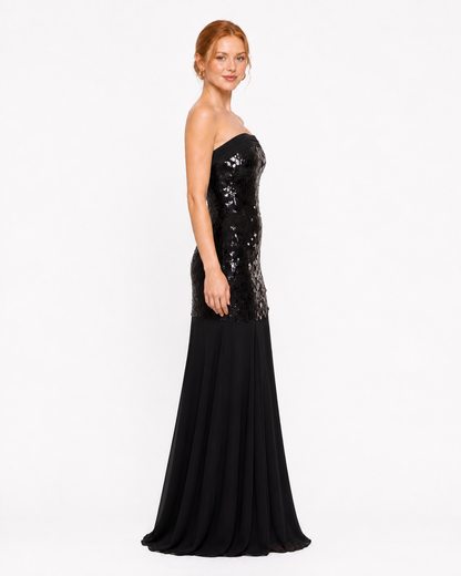 Vestido largo strapless de lentejuela sirena — Negro
