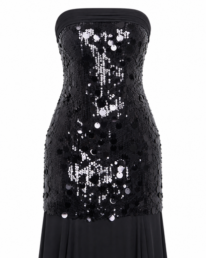 Vestido largo strapless de lentejuela sirena — Negro