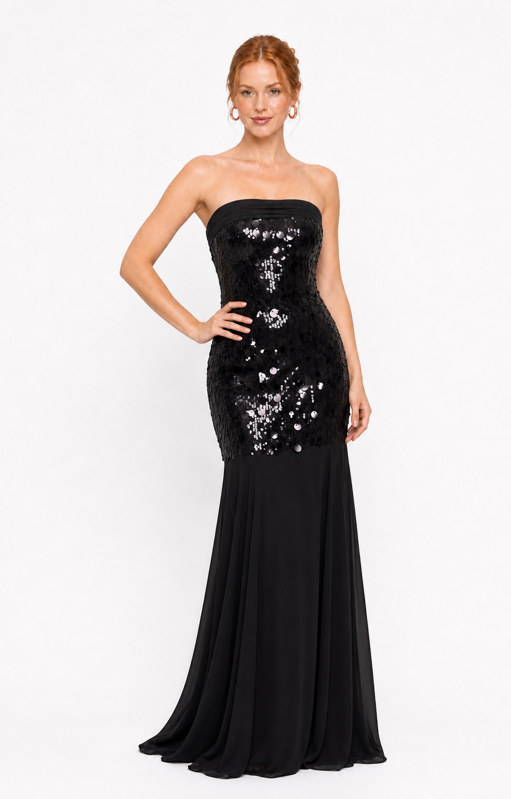 Vestido largo strapless de lentejuela sirena — Negro