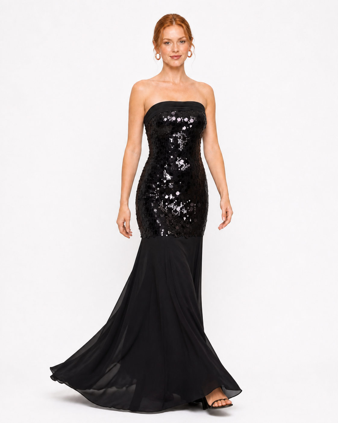 Vestido largo strapless de lentejuela sirena — Negro