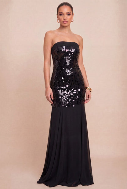 Vestido largo negro lentejuela sirena — frente