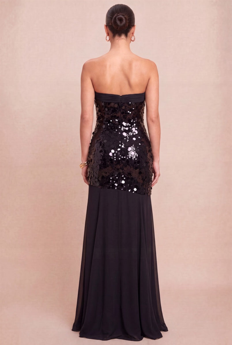 Vestido largo negro lentejuela sirena — detalle