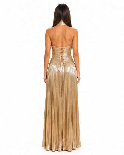 Vestido largo halter dorado plisado — Champagne