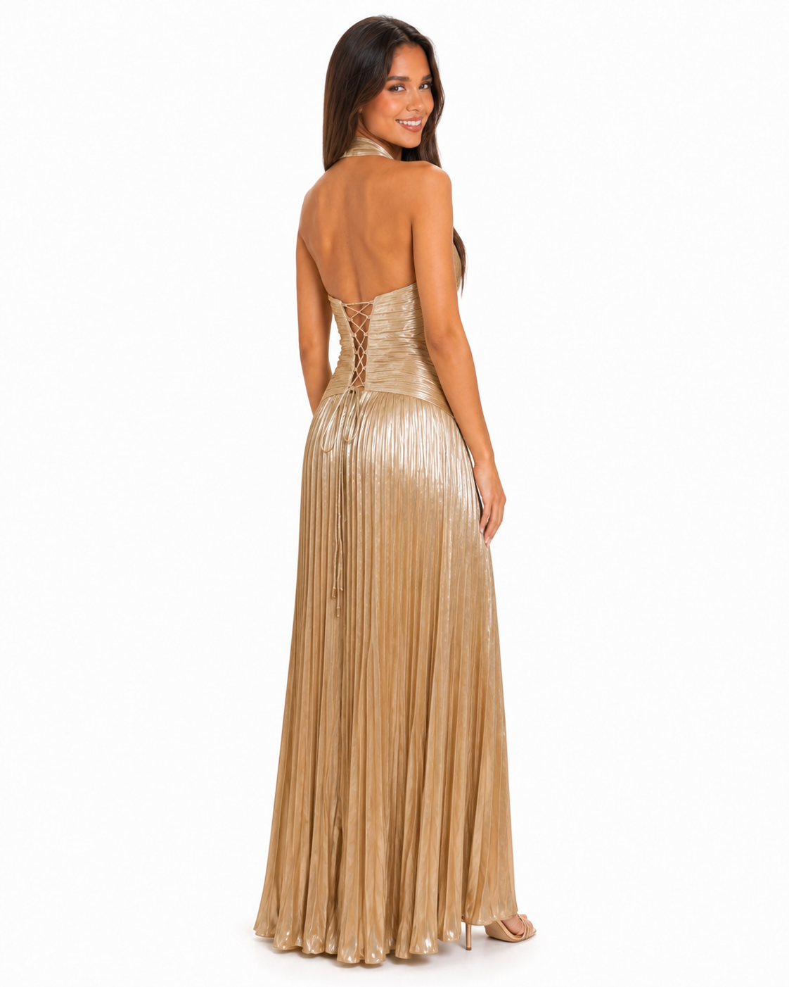 Vestido largo halter dorado plisado — Champagne