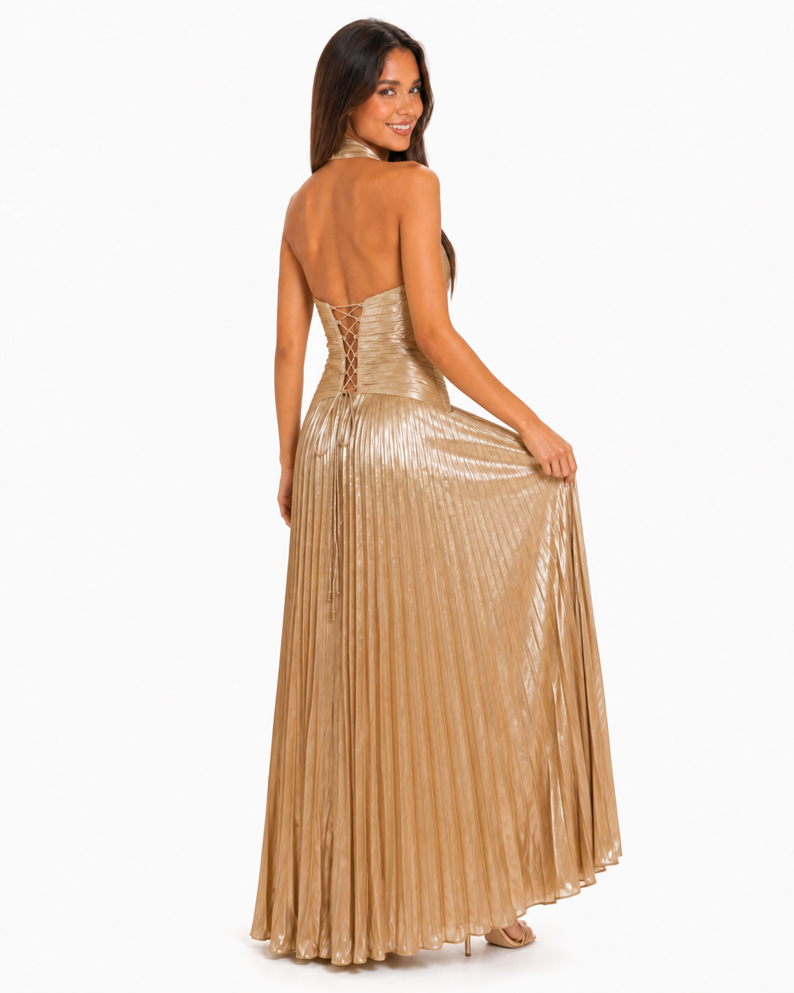 Vestido largo halter dorado plisado — Champagne