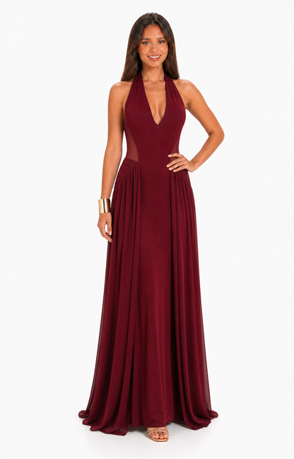 Vestido largo halter con paneles de mesh — Vino