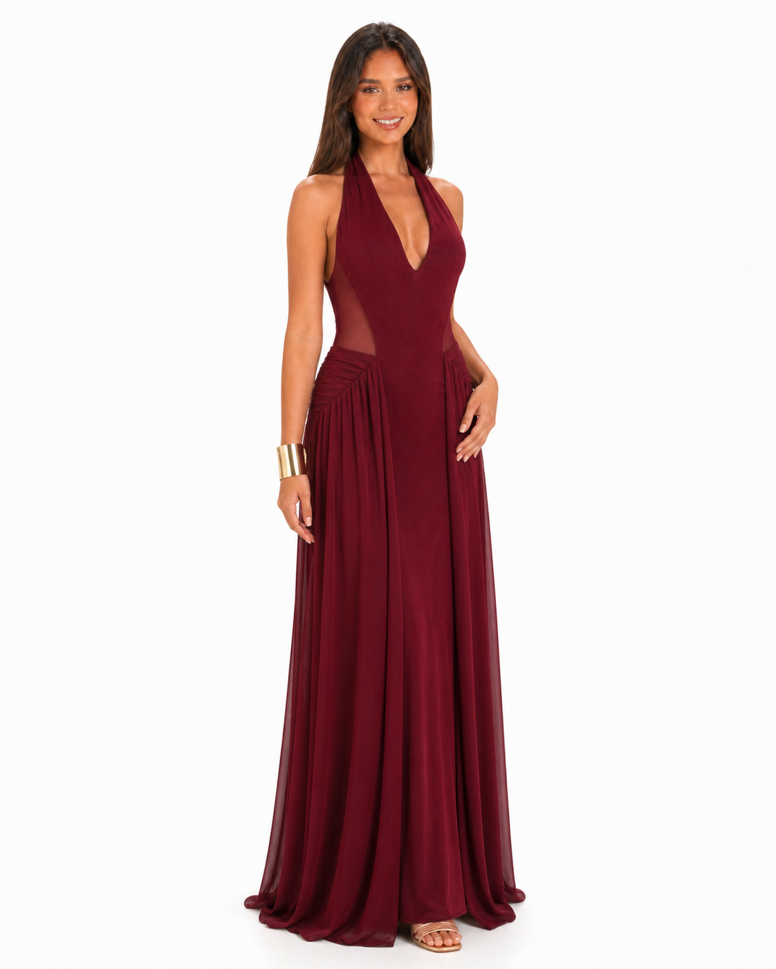 Vestido largo halter con paneles de mesh — Vino