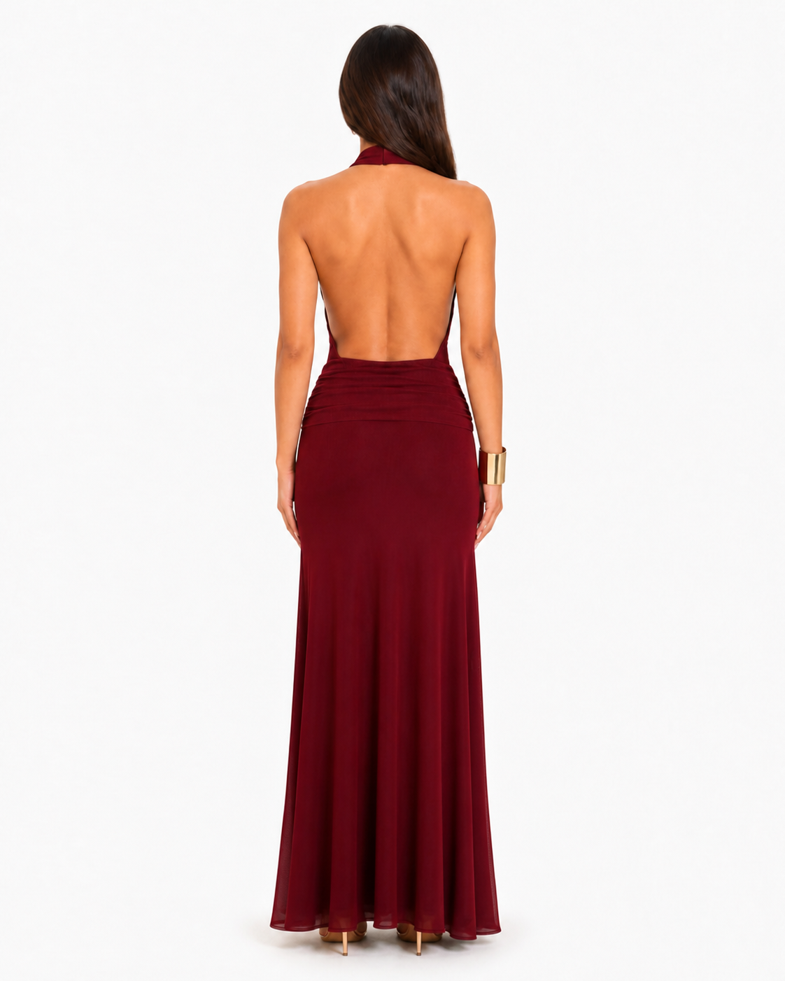 Vestido largo halter con paneles de mesh — Vino