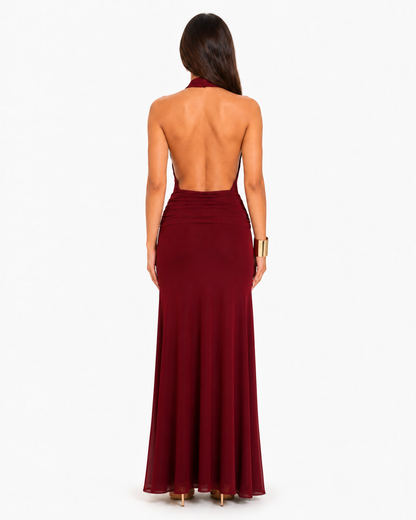 Vestido largo halter con paneles de mesh — Vino