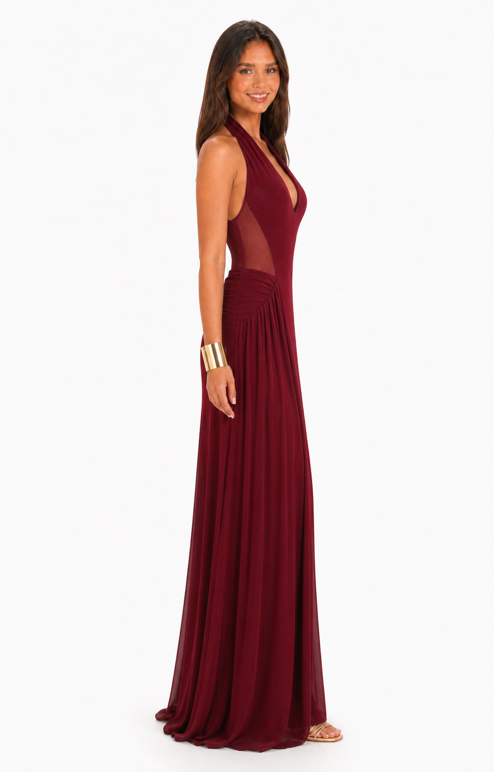 Vestido largo halter con paneles de mesh — Vino