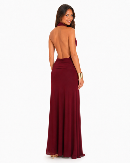 Vestido largo halter con paneles de mesh — Vino