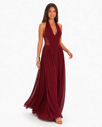 Vestido largo halter con paneles de mesh — Vino