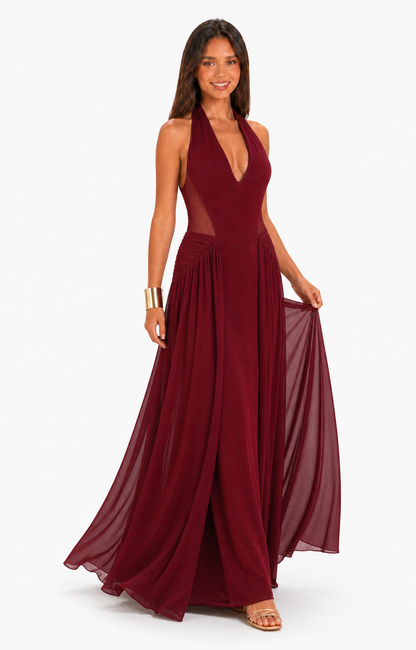 Vestido largo halter con paneles de mesh — Vino