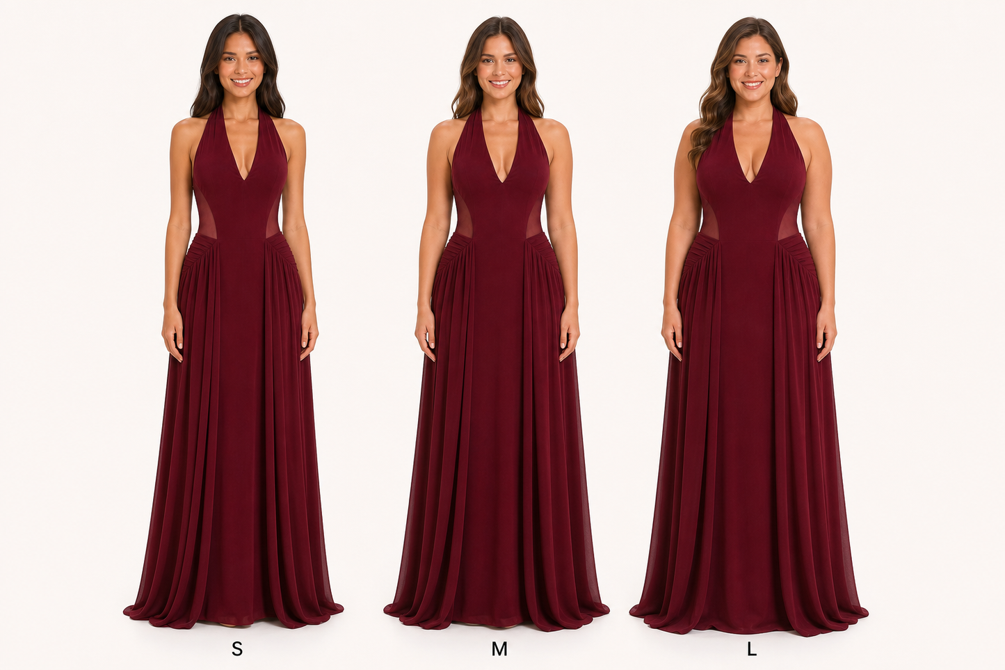 Vestido largo halter con paneles de mesh — Vino