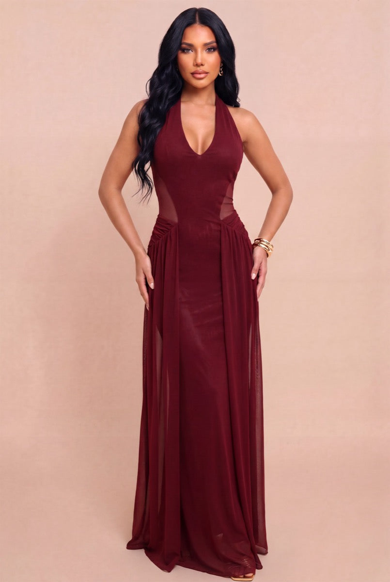 Vestido largo vino halter mesh — frente