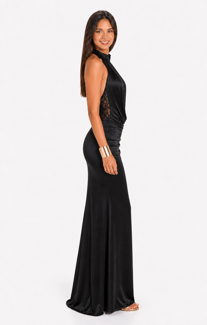 Vestido largo halter de satén con encaje — Negro