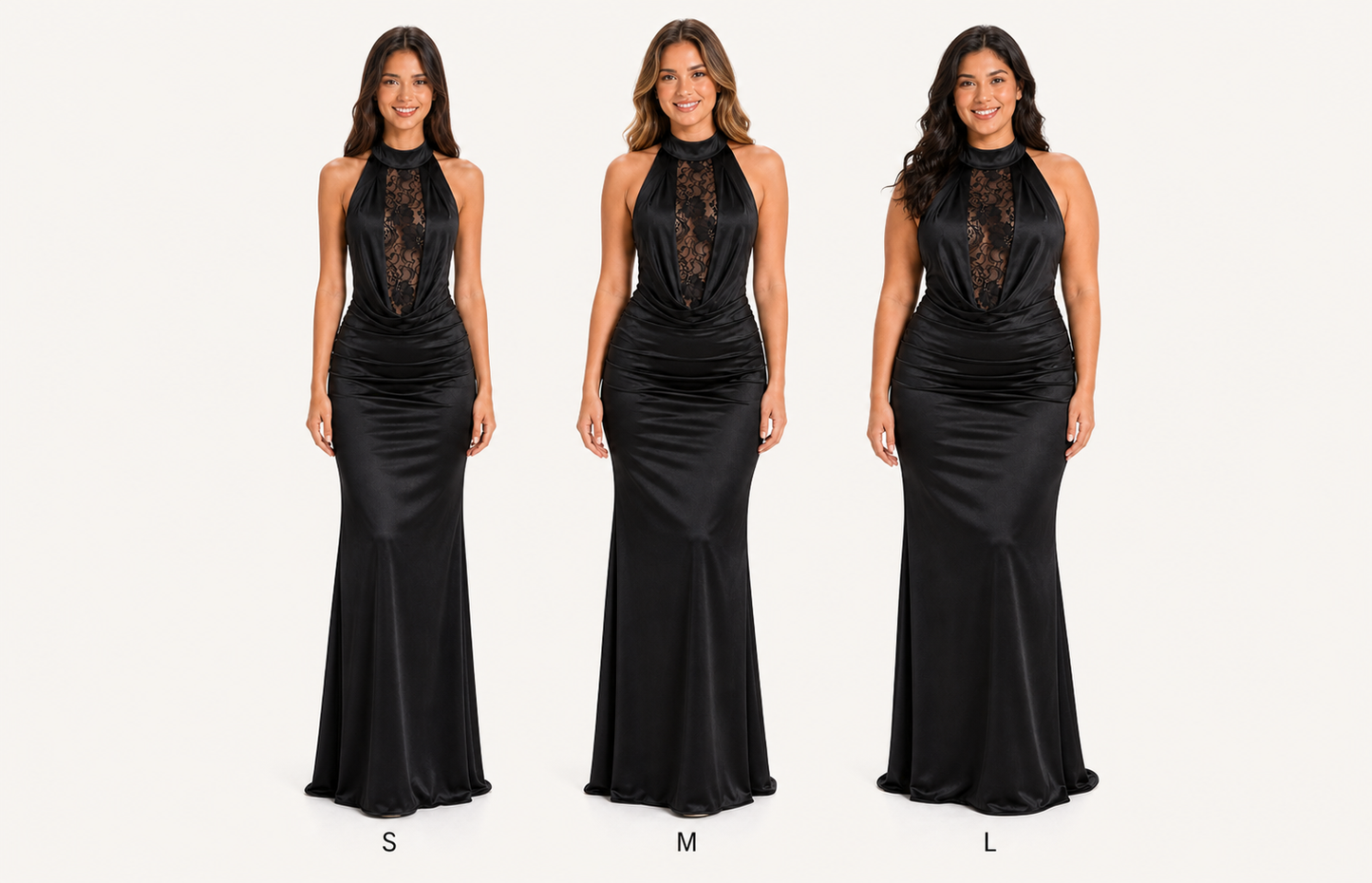 Vestido largo halter de satén con encaje — Negro
