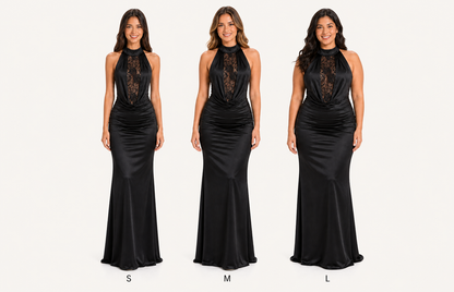 Vestido largo halter de satén con encaje — Negro