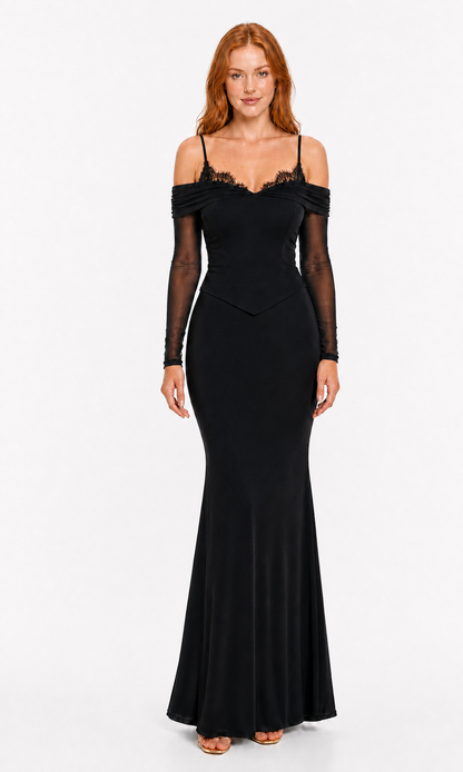 Vestido largo off-shoulder con corset de encaje — Negro