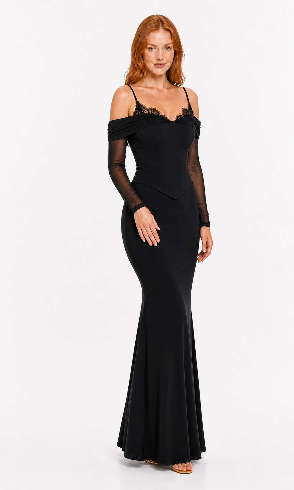 Vestido largo off-shoulder con corset de encaje — Negro