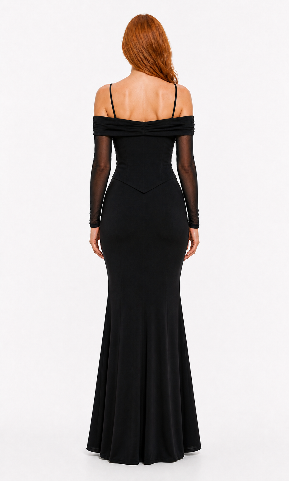Vestido largo off-shoulder con corset de encaje — Negro