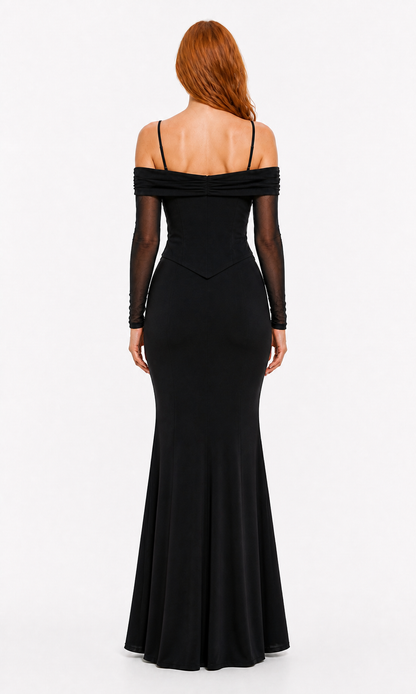 Vestido largo off-shoulder con corset de encaje — Negro