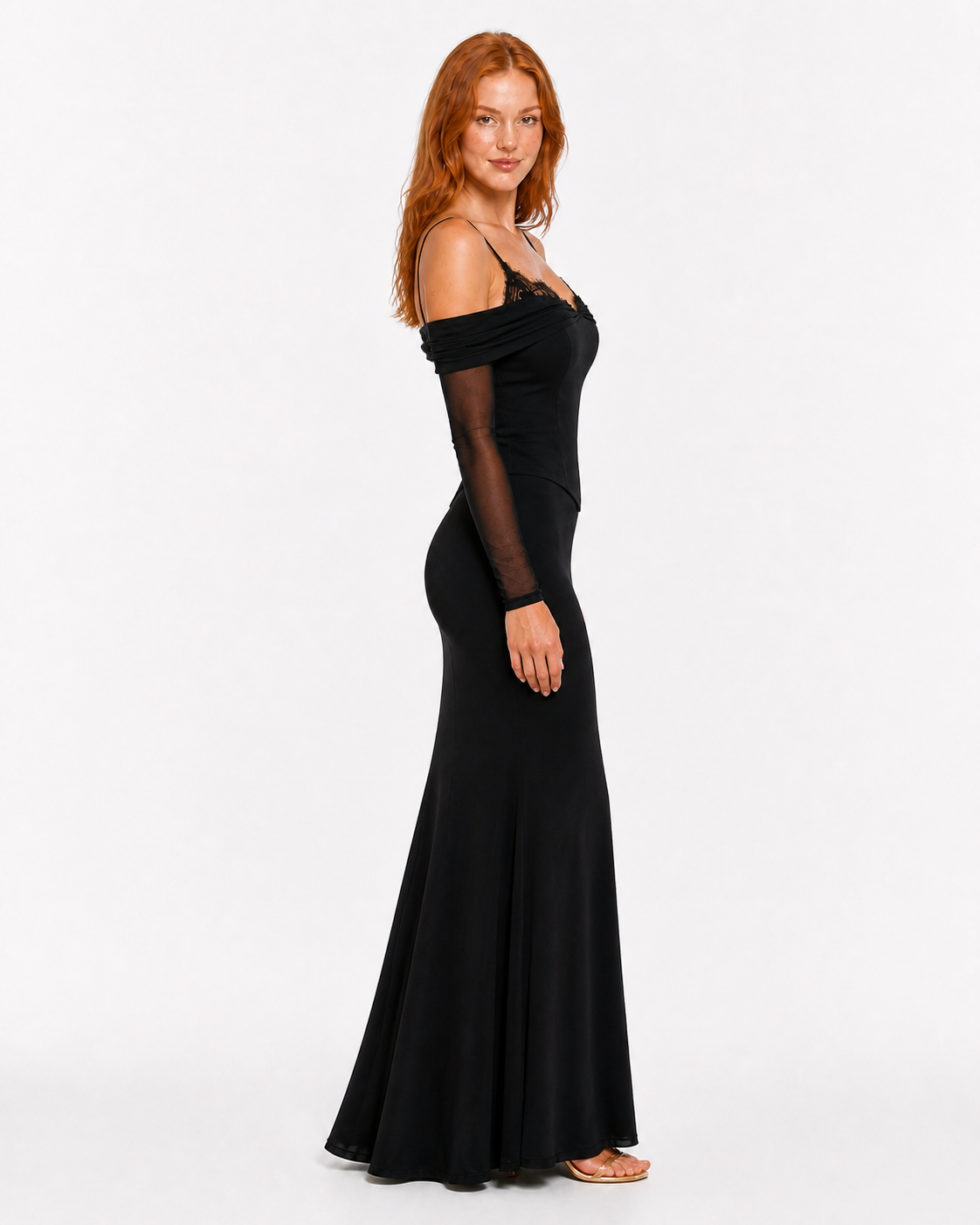 Vestido largo off-shoulder con corset de encaje — Negro