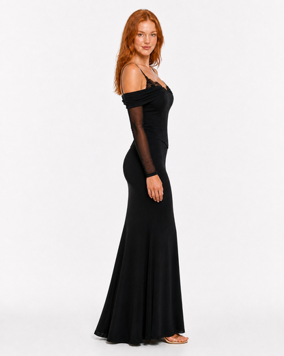 Vestido largo off-shoulder con corset de encaje — Negro