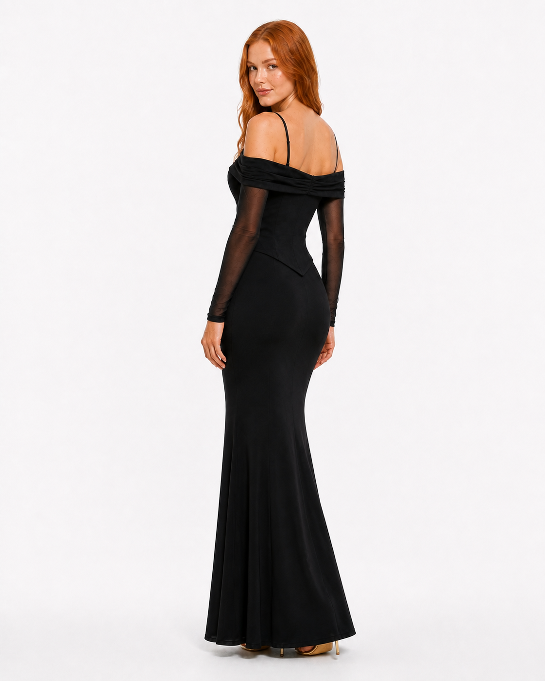 Vestido largo off-shoulder con corset de encaje — Negro