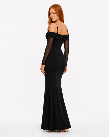 Vestido largo off-shoulder con corset de encaje — Negro
