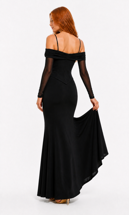 Vestido largo off-shoulder con corset de encaje — Negro