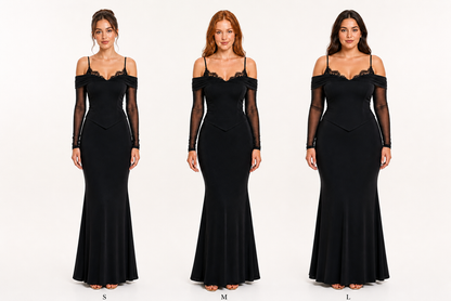 Vestido largo off-shoulder con corset de encaje — Negro