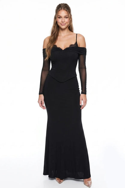 Vestido largo negro off-shoulder corset encaje — frente