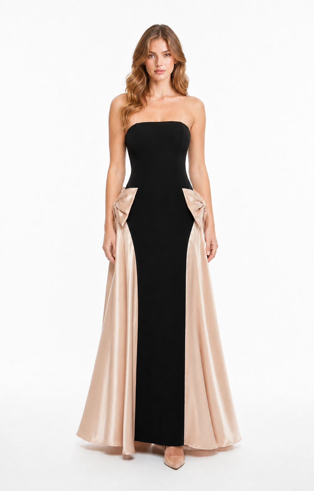 Vestido largo strapless con moños de satén — Negro