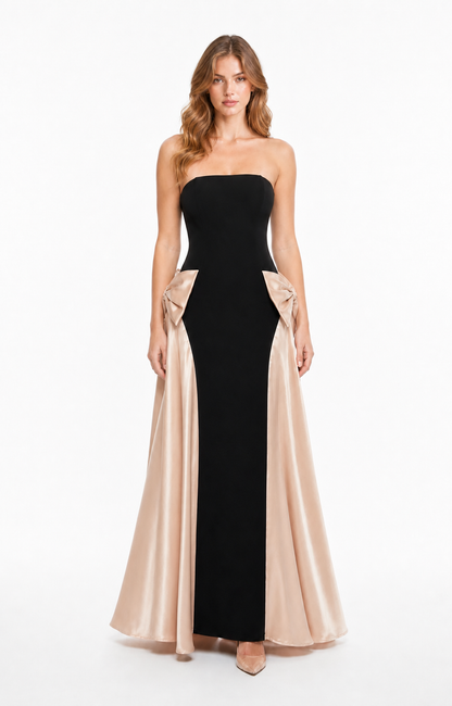 Vestido largo strapless con moños de satén — Negro