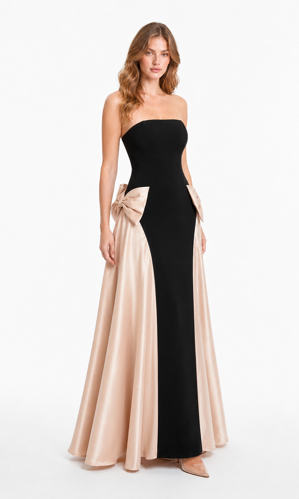 Vestido largo strapless con moños de satén — Negro