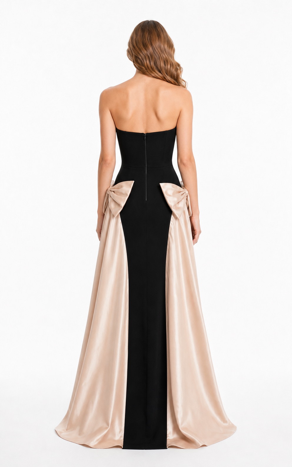 Vestido largo strapless con moños de satén — Negro