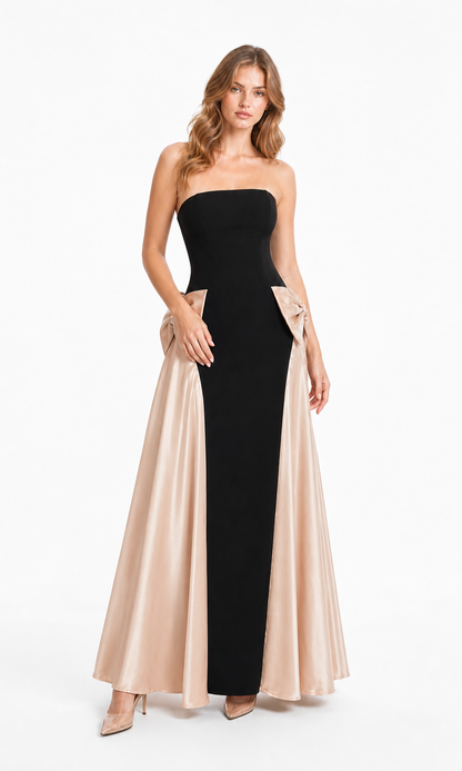 Vestido largo strapless con moños de satén — Negro