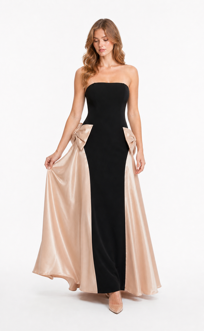 Vestido largo strapless con moños de satén — Negro