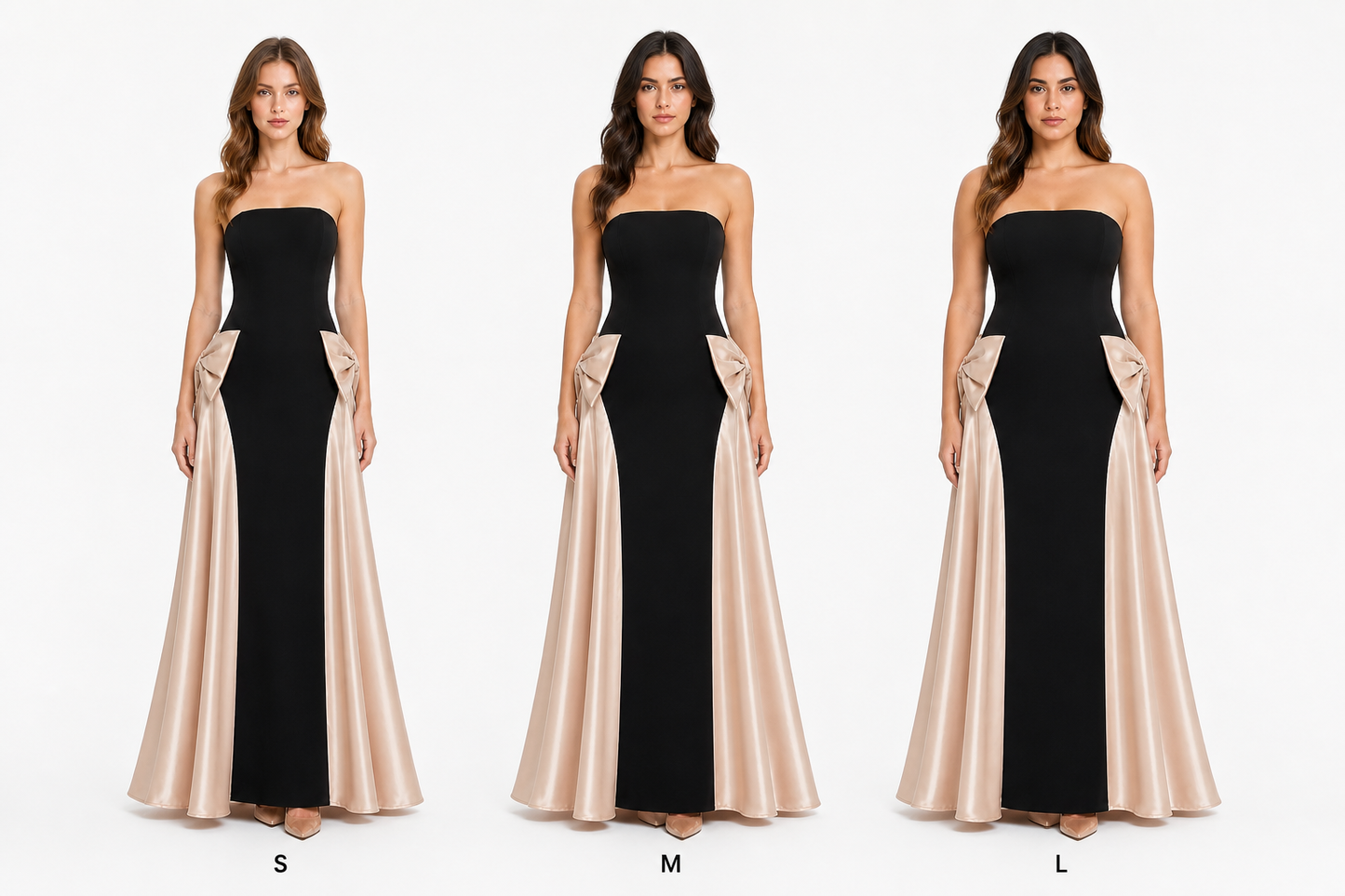 Vestido largo strapless con moños de satén — Negro